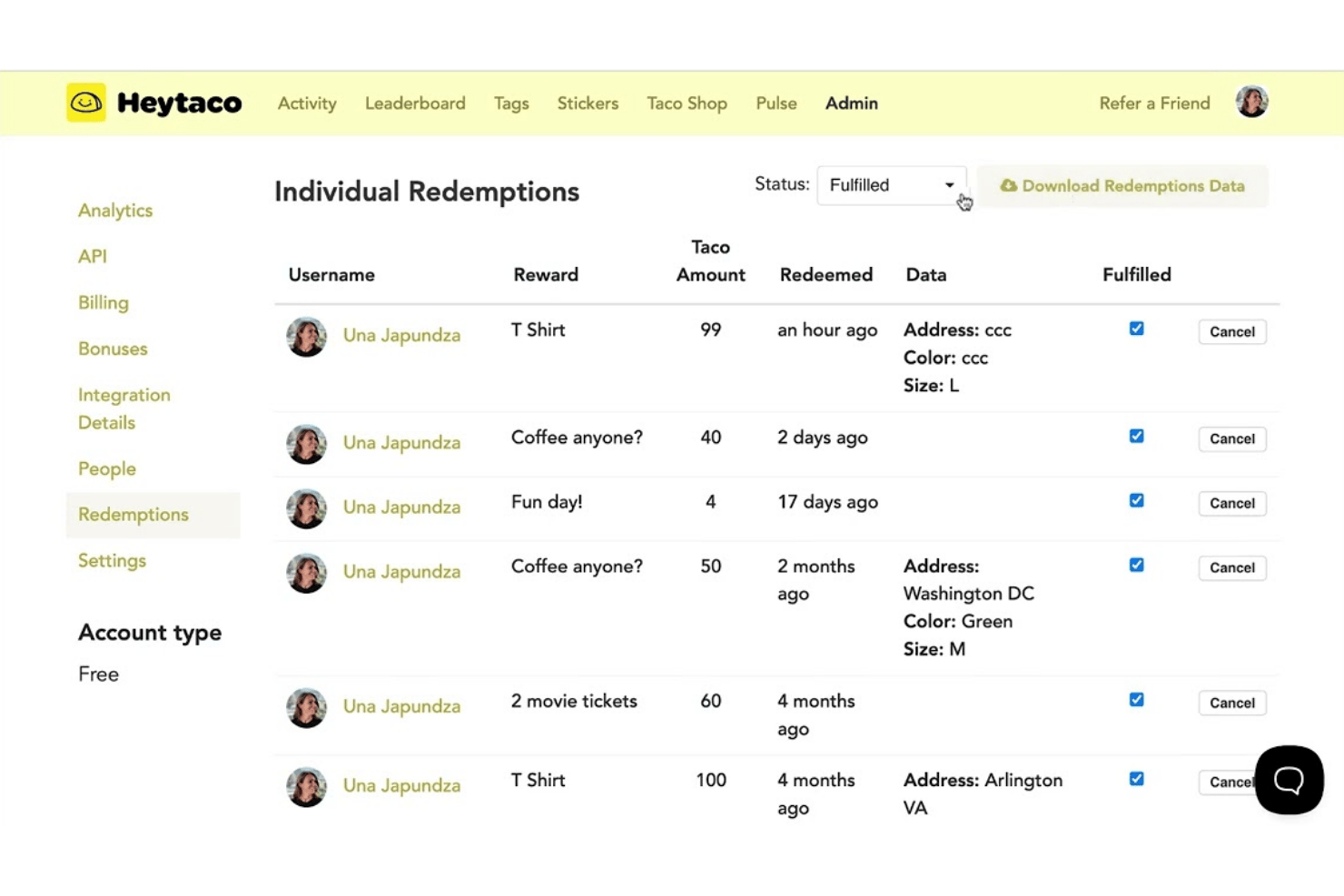 HeyTaco screenshot - 10 meilleurs logiciels gratuits de reconnaissance des employés en 2026