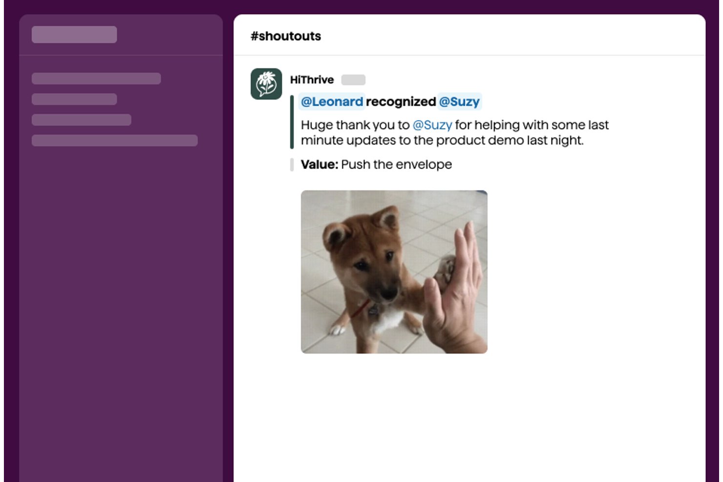 HiThrive Slack shoutout message recognizing a colleague with a puppy high-five GIF