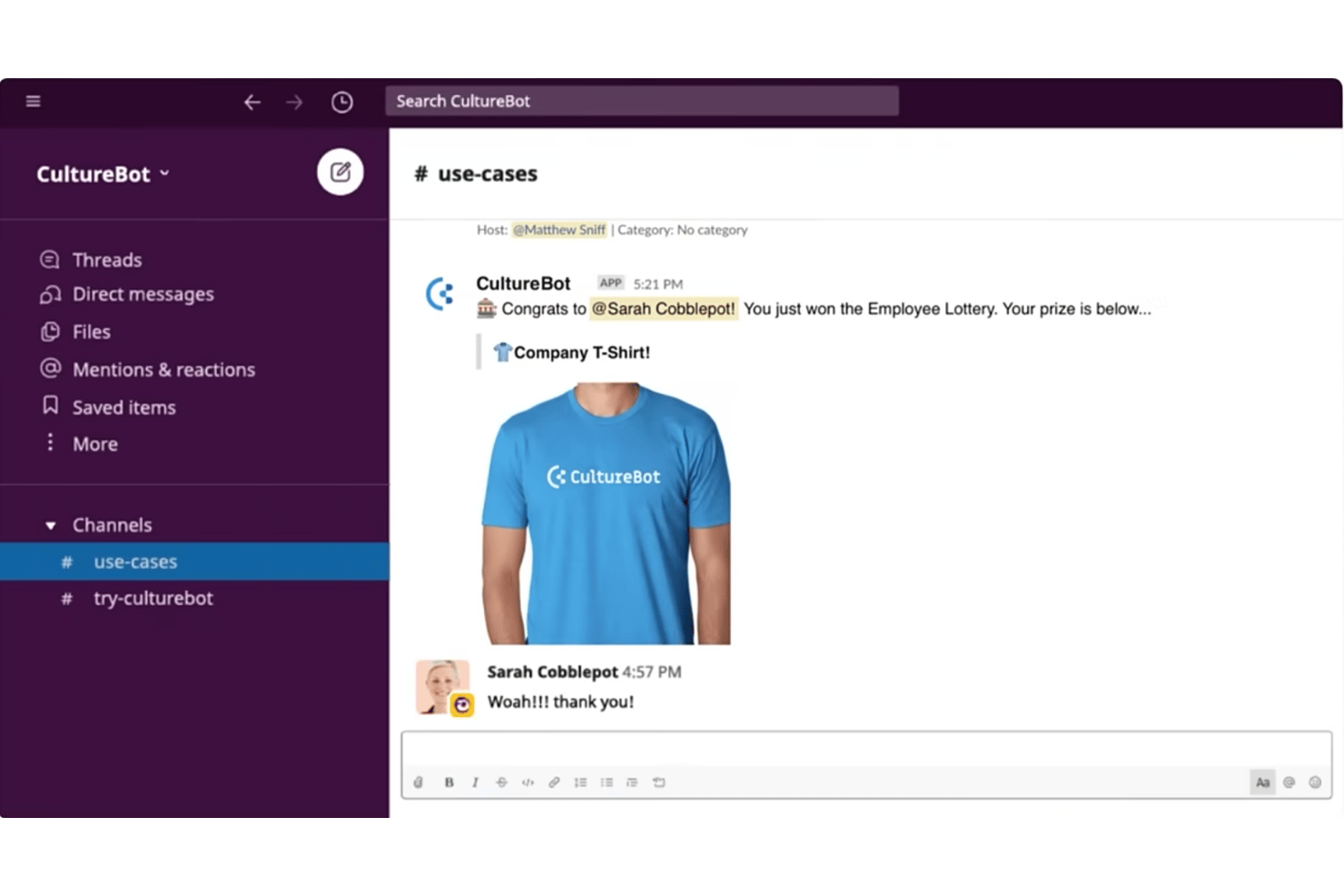 CultureBot Slack message announcing Sarah Cobblepot won a company T-shirt in an employee lottery.