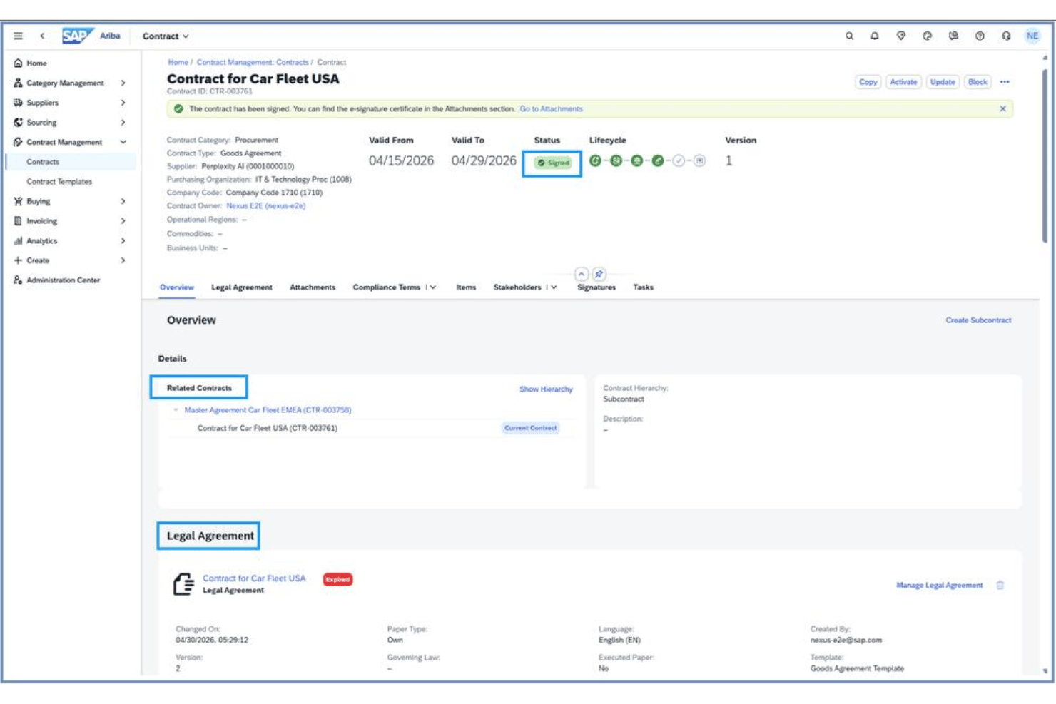 SAP Ariba-sida med avtalsdetaljer som visar signerad status, giltighetsdatum och avsnittet om juridiskt avtal.