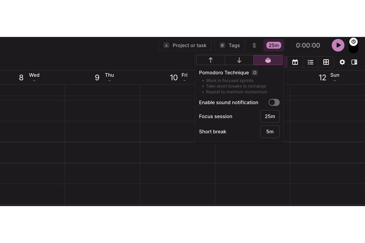 Toggl timer interface showing Pomodoro Technique settings with 25-minute focus session and 5-minute short break.