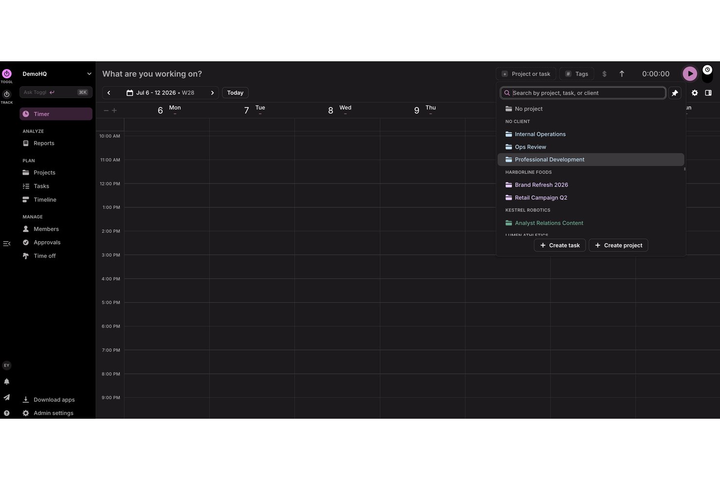Toggl timer view with project dropdown showing multiple client projects.
