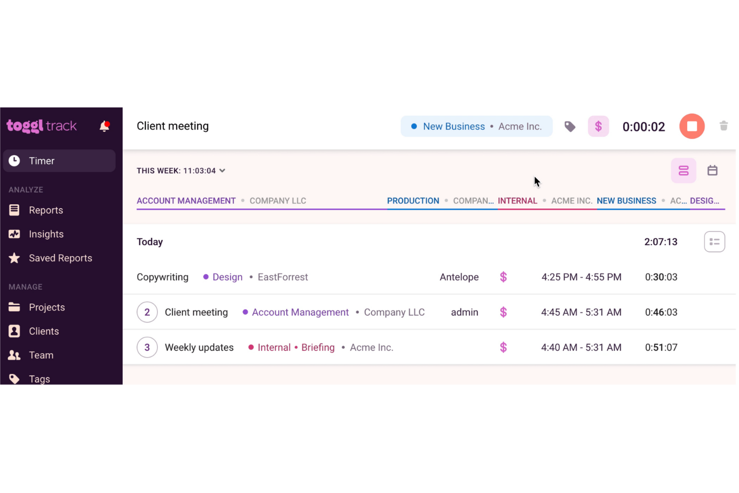 Toggl Track screenshot - Los 10 mejores programas de seguimiento del tiempo legal para la facturación en 2026