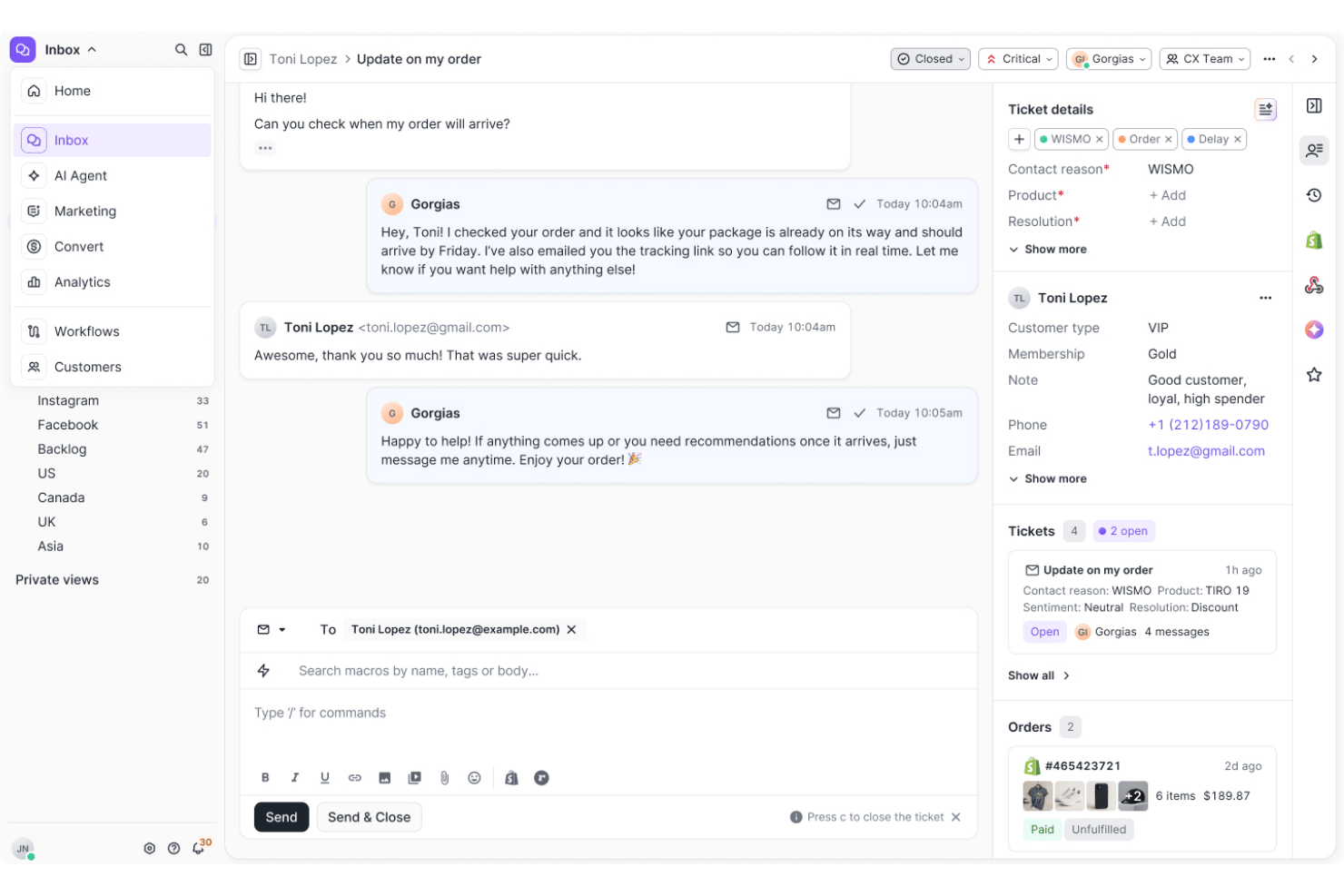 Gorgias screenshot - Die 10 besten E-Commerce-Kundenservice-Softwares im Jahr 2026