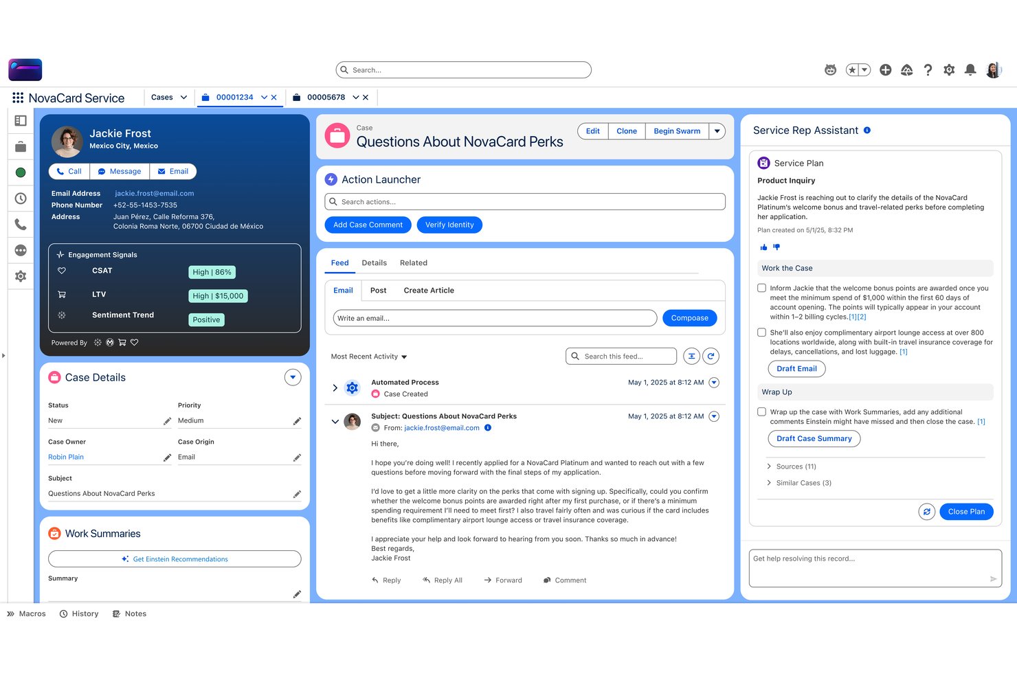 Salesforce Agentforce Servicen edustajan avustajan paneeli, jossa näkyvät tekoälyn ohjaamat tapausvaiheet ja sähköpostin luonnostelutyökalut.