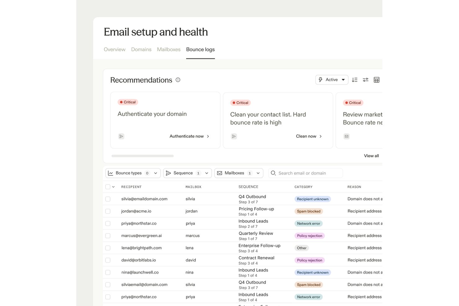 Apollo.io bounce logs table showing recipient emails, sequences, and bounce categories