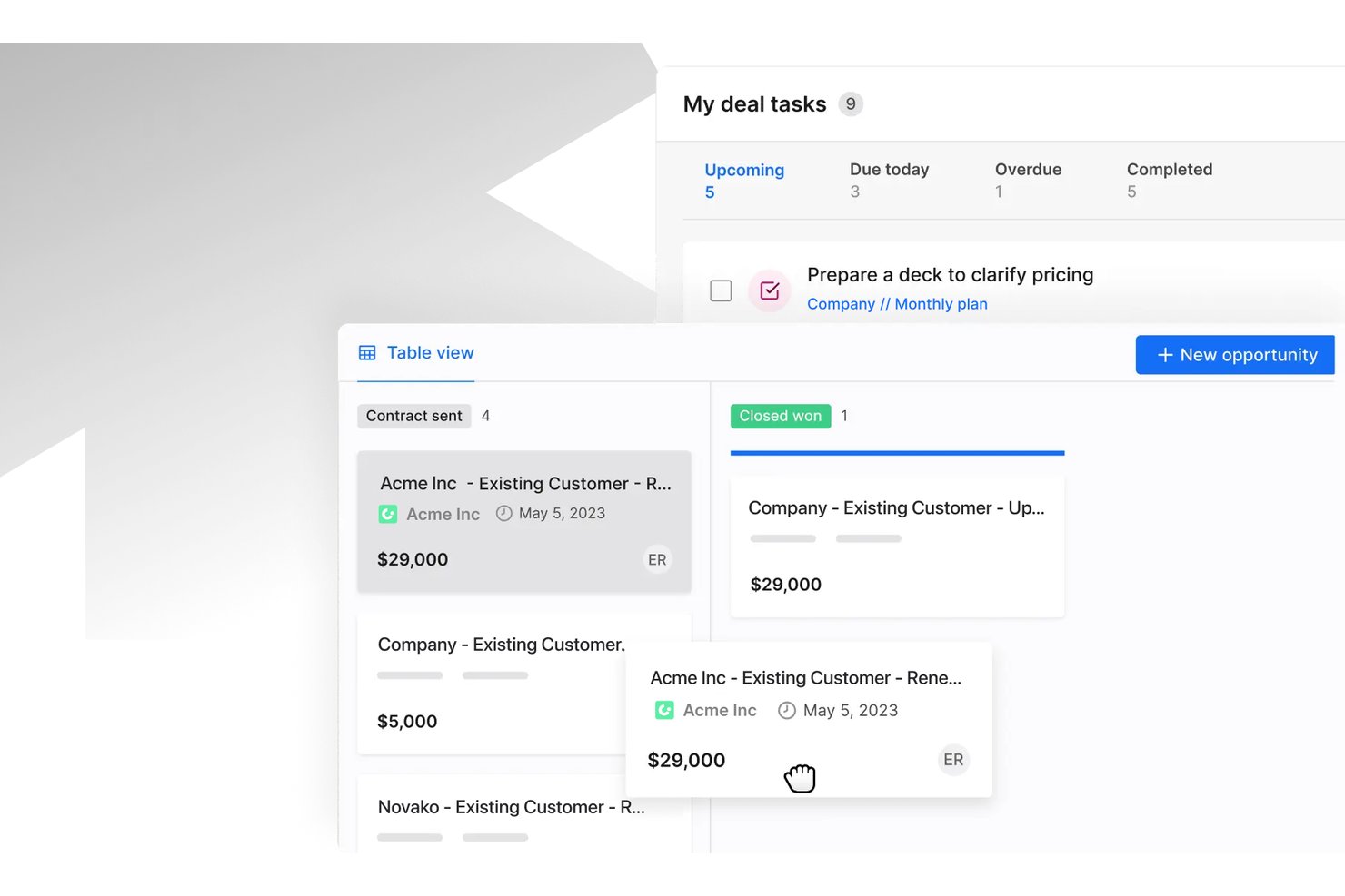 Apollo.io deal management dashboard showing pipeline stages, deal cards, and task list with counts.