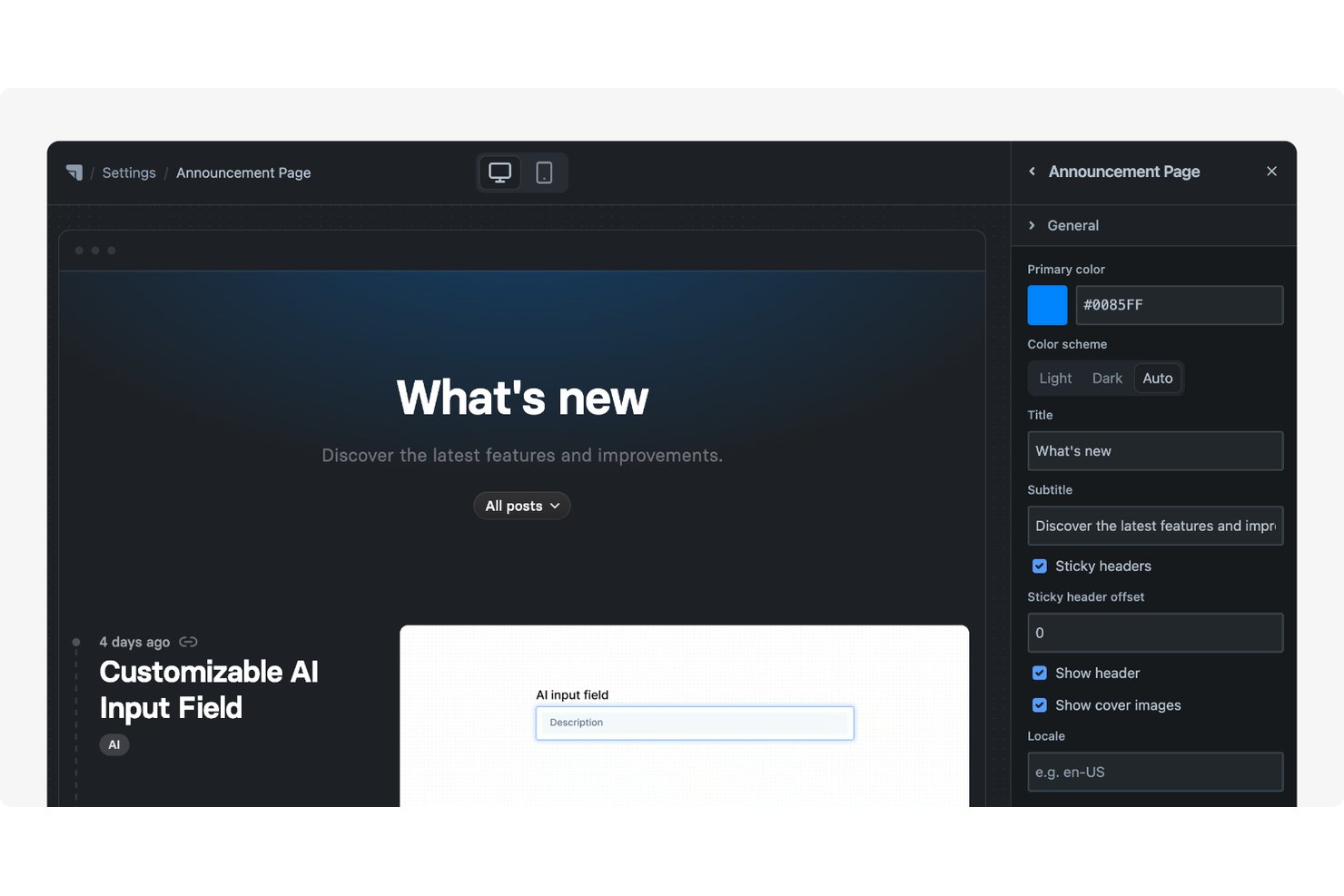 Dark-themed announcement page settings panel showing title, subtitle, color, and header options.