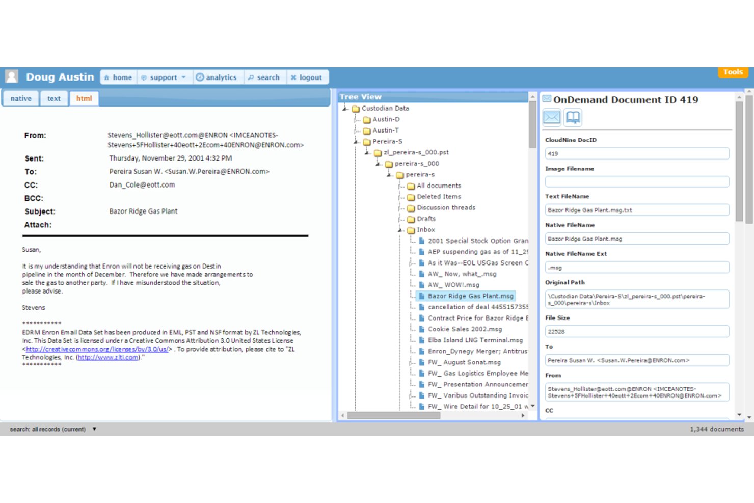 CloudNine email review interface showing tree view, document metadata, and email preview pane.