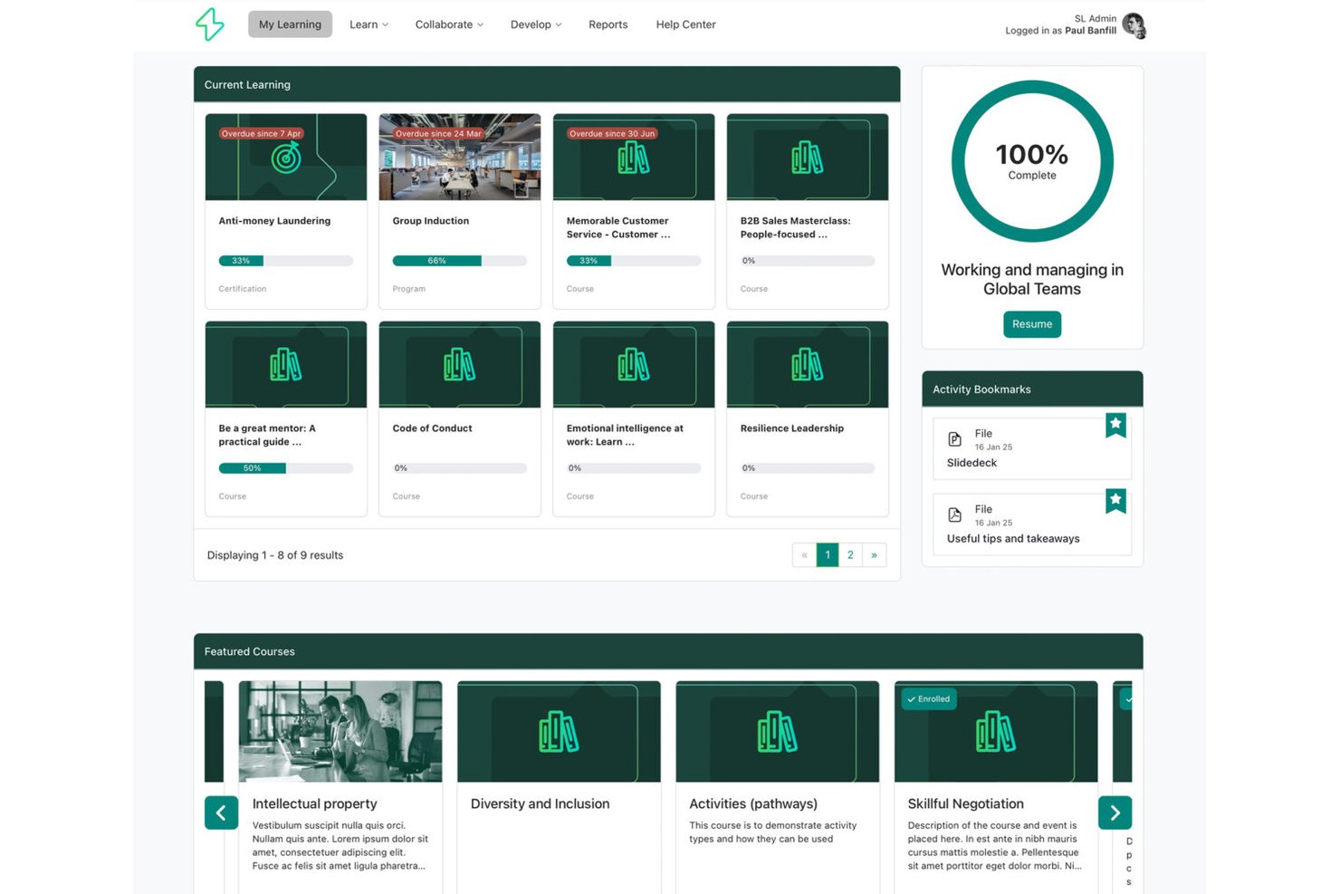 Synergy Learning LMS dashboard showing current learning courses, progress bars, and featured courses.