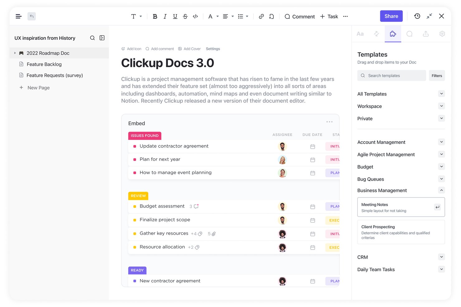 ClickUp Docs 3.0-gränssnitt som visar en inbäddad uppgiftslista, mallpanel och dokument sidofält.