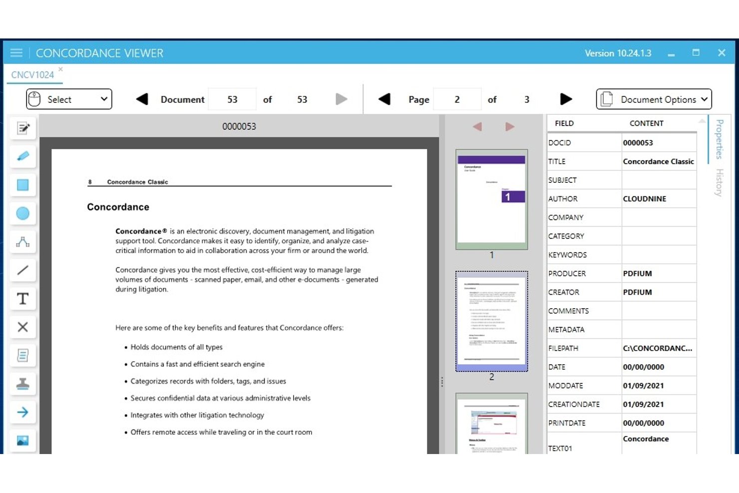 CloudNine Concordance Viewer showing document page, metadata fields, and thumbnail panel.