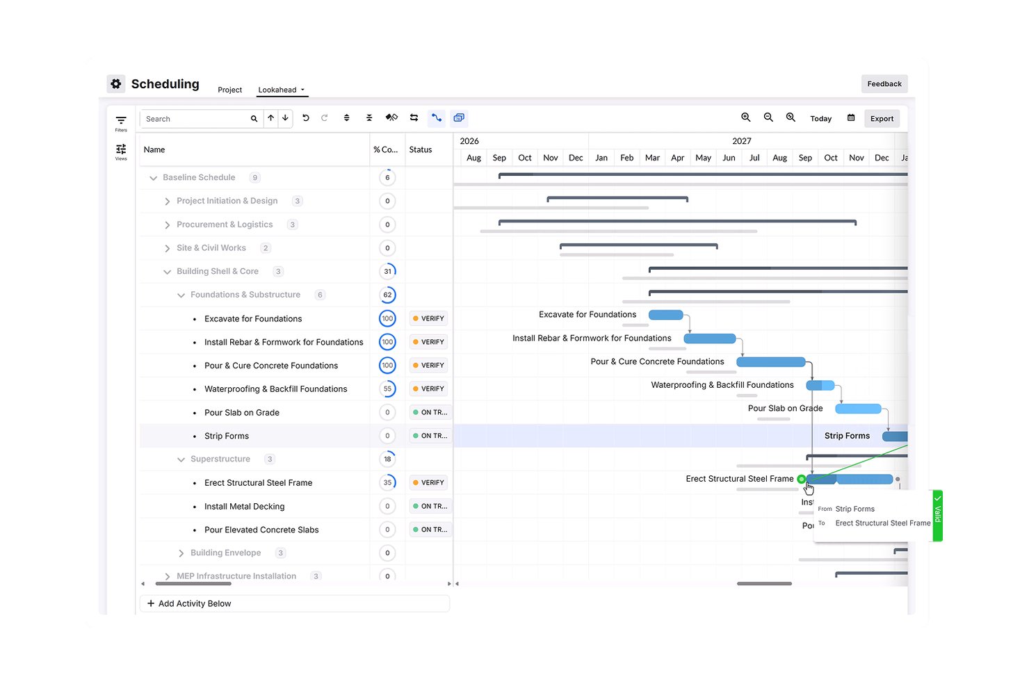Procore-Gantt-Diagramm für die Terminplanung mit Bauaufgaben, Fertigstellungsprozentsätzen und Aufgabenabhängigkeiten