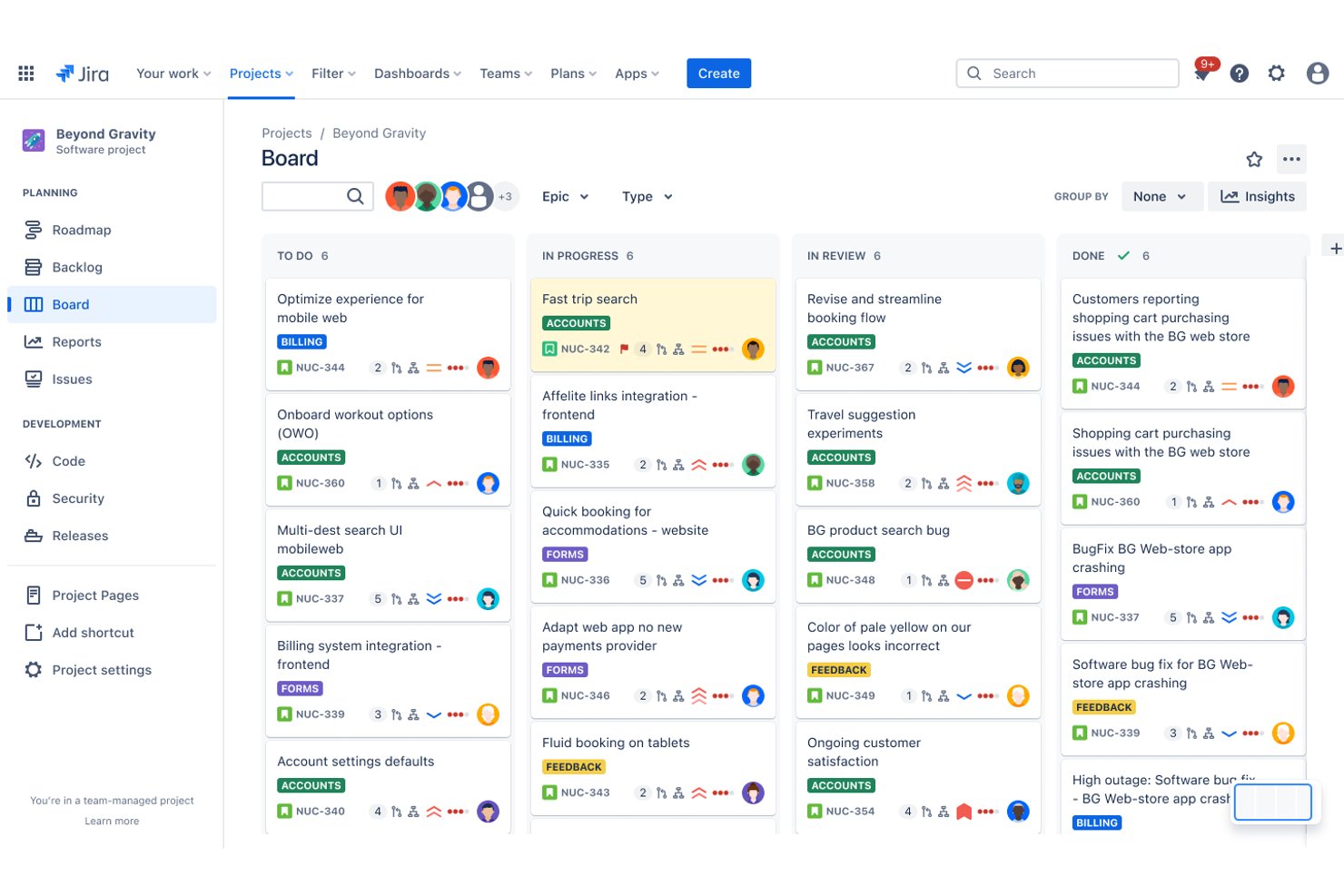 Jira-Kanban-Board mit 24 Aufgaben in vier Spalten sowie Epic-Bezeichnungen und zuständigen Personen.