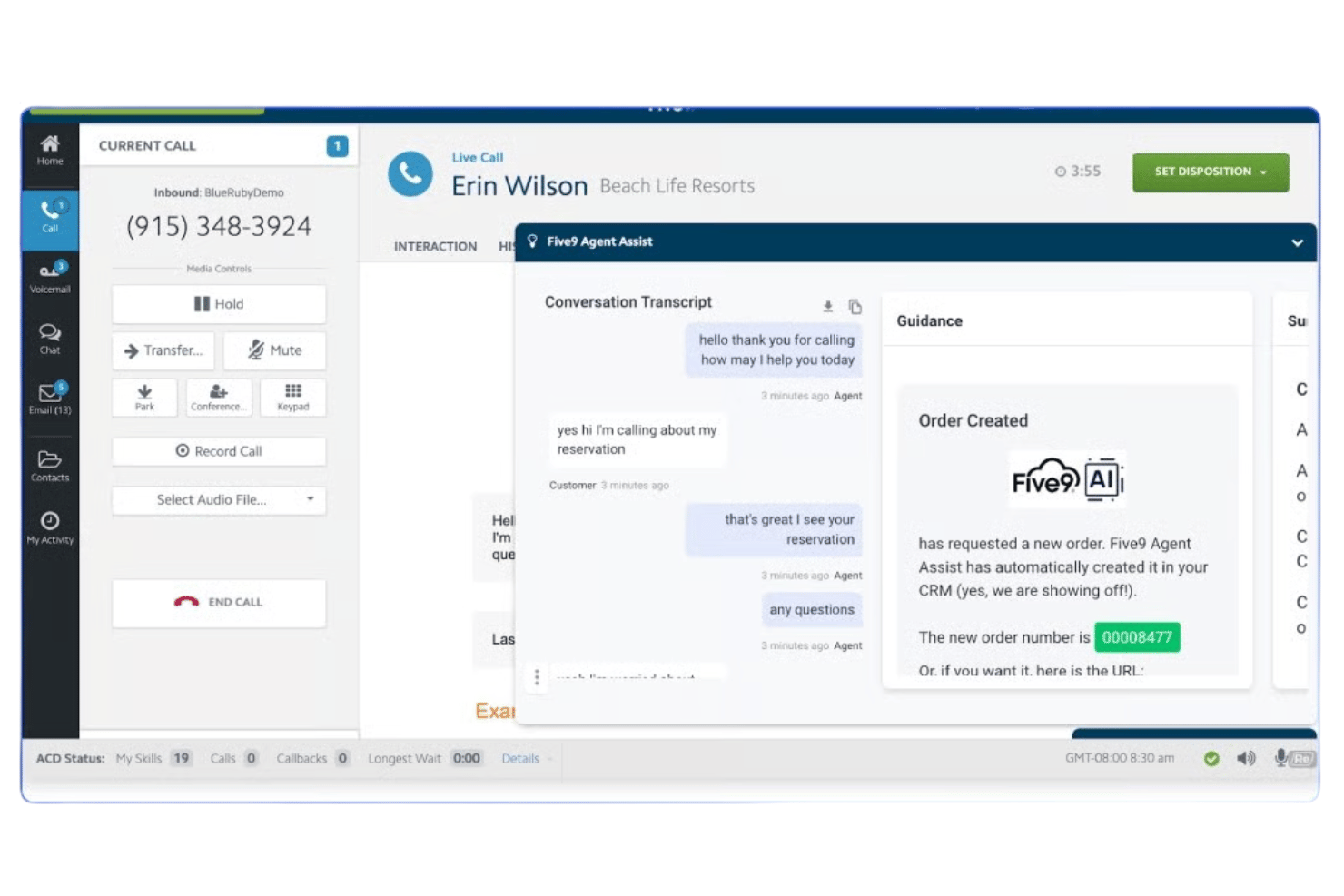 Five9 kombiniert Sprach-, Video-, SMS- und Chat-Kommunikation, KI-Routing, IVR und Epic-Integration.