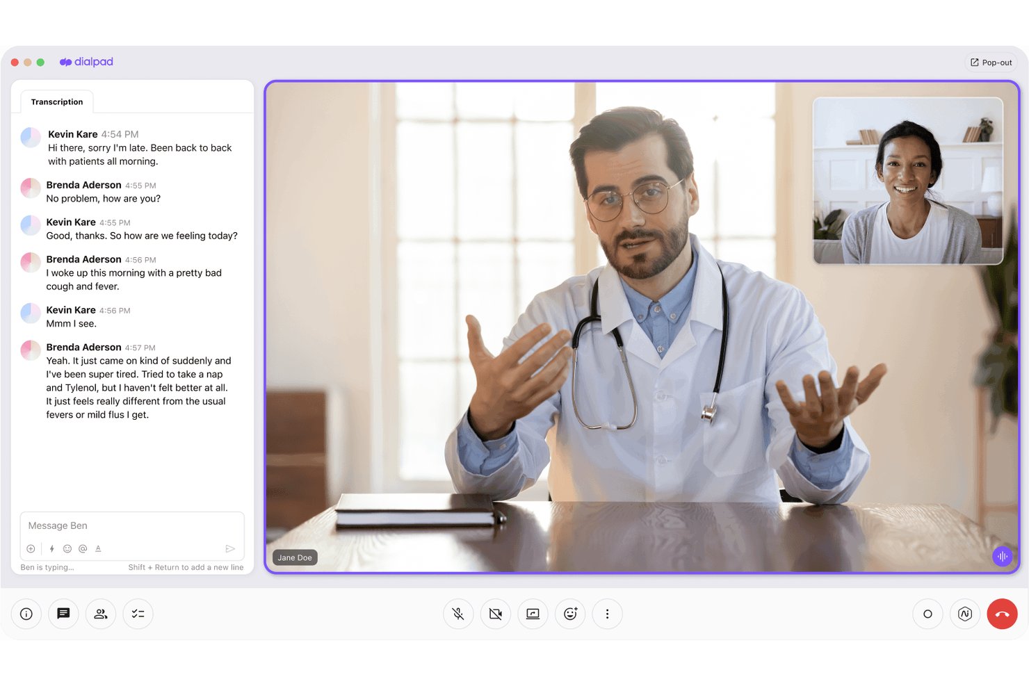Dialpad-Videoanruf zwischen einem Arzt und einem Patienten mit Echtzeit-Chat-Transkriptionsbereich