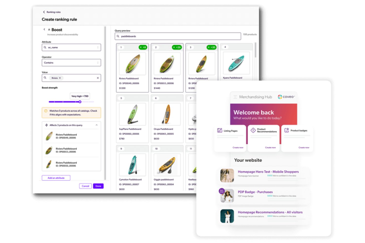 Coveo UI showing ranking rules, boost settings, and merchandising hub dashboard.