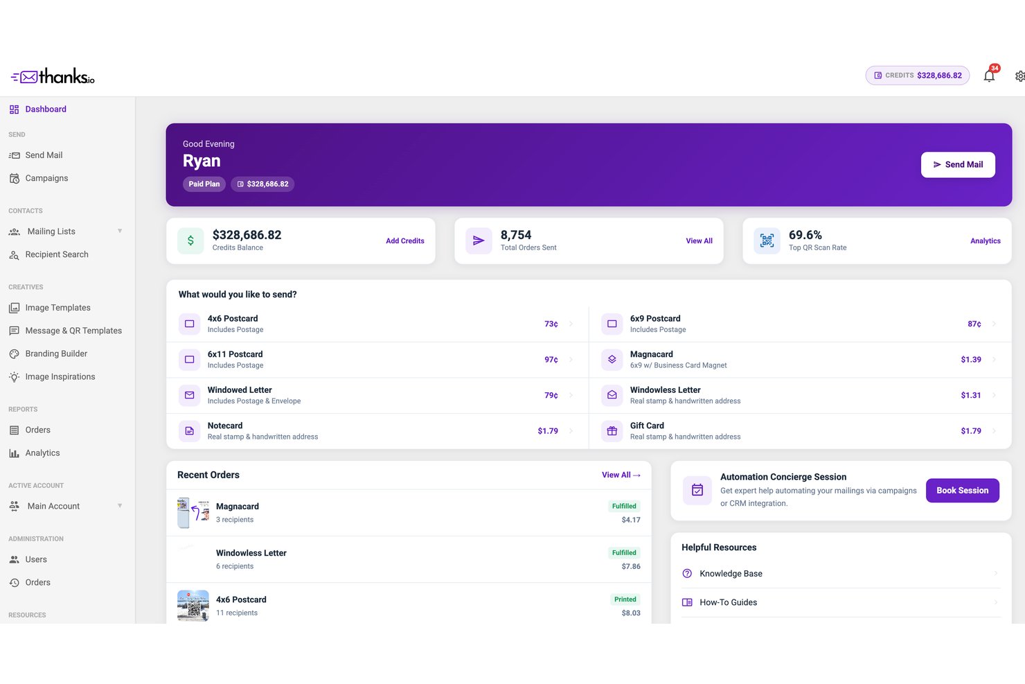 Thanks.io dashboard showing credits balance, mail product options, and recent orders list.