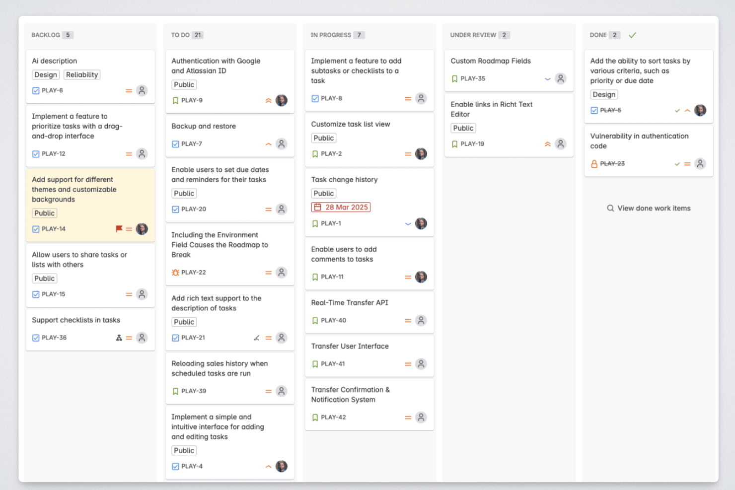 Released-Roadmap-Board mit Aufgaben, die nach Workflow-Phase organisiert sind.