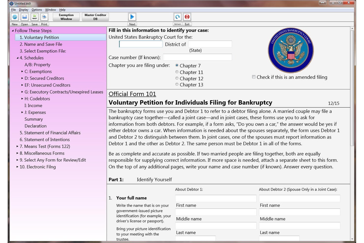 Insolvenzantragsformular von Puritas Springs Software WBank mit Navigationsschritten und Eingabefeldern.