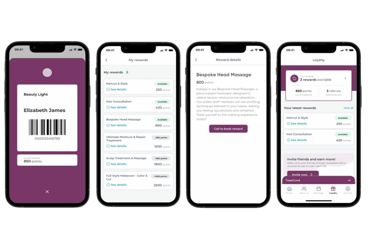 Mobiele Phorest-app met schermen voor de loyaliteitskaart, beloningenlijst, beloningsdetails en het puntenoverzicht.