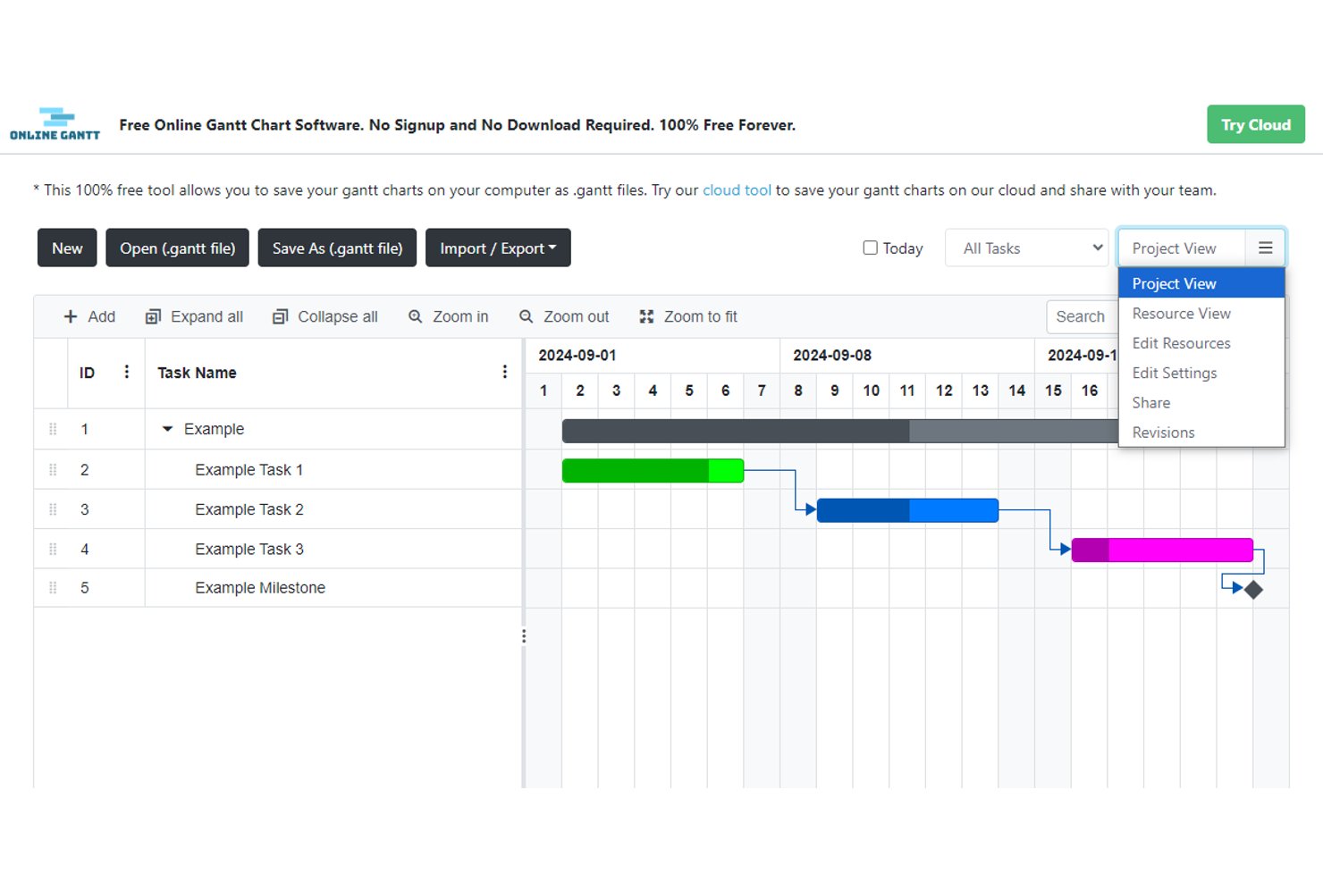 Online Gantt chart software showing tasks, dependencies, and a dropdown menu with view options.