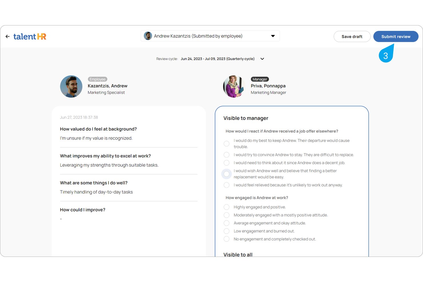 TalentHR performance review screen showing employee self-assessment and manager-only rating questions.