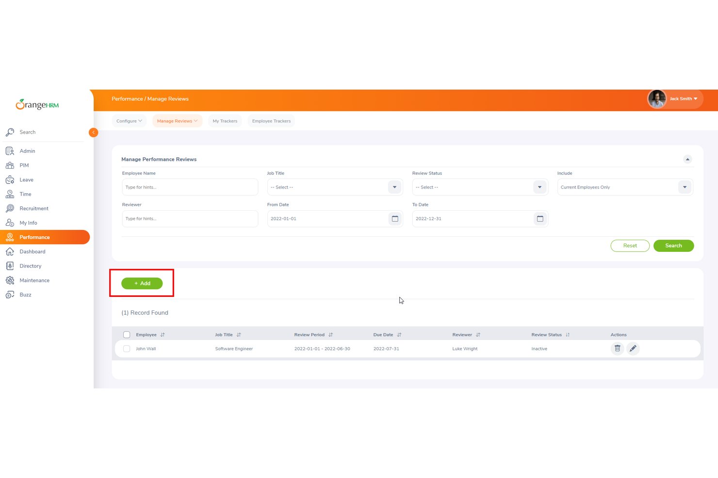 OrangeHRM Manage Performance Reviews screen showing one record for John Wall with an Add button highlighted.