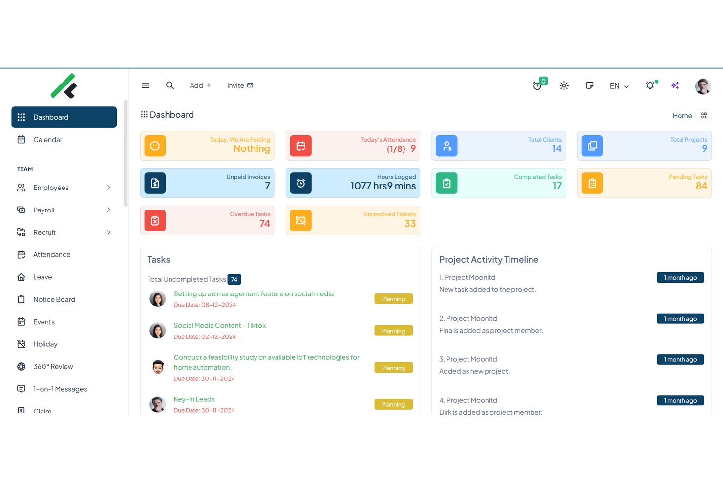 FlowyTeam admin dashboard showing tasks, attendance, hours logged, and project activity timeline.