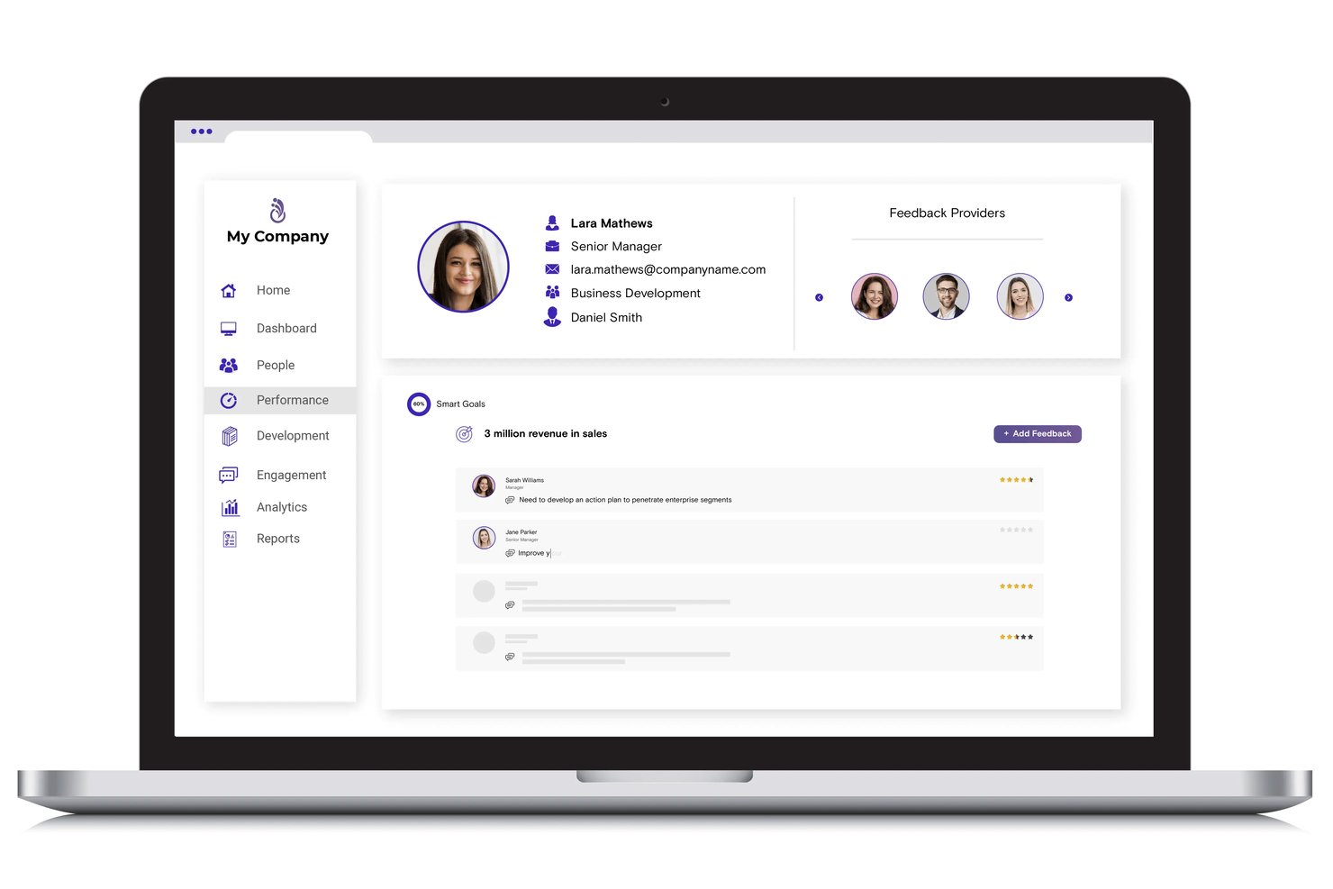 Synergita performance management dashboard showing employee profile, SMART goals, and feedback providers with star ratings.