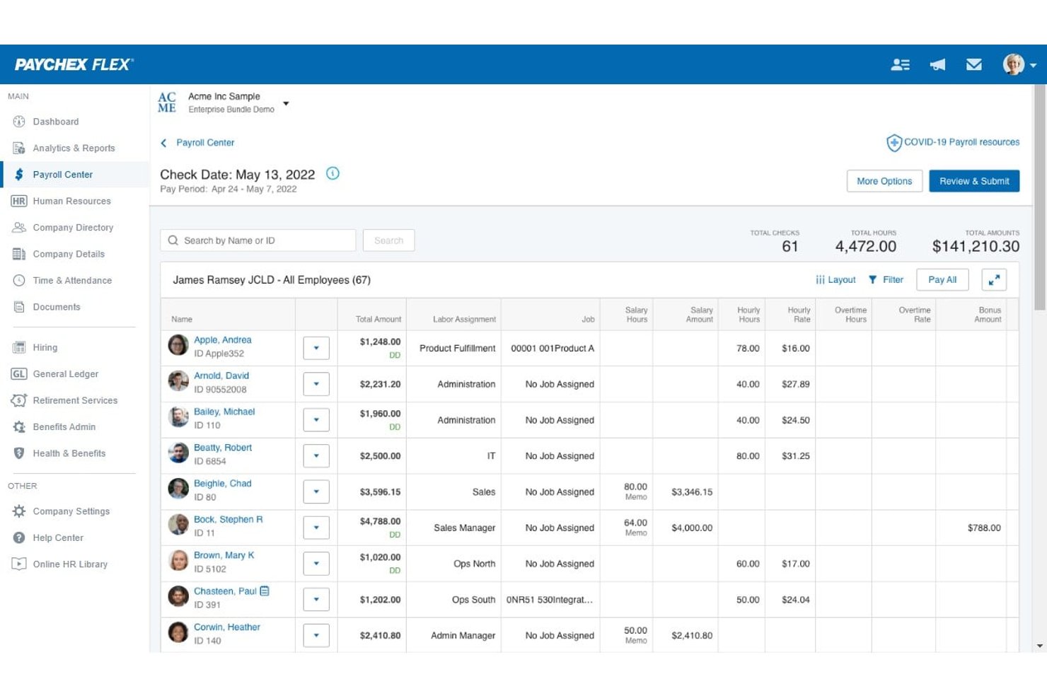 Paychex Flex lönecenter som visar en lista över anställda med lönebelopp och arbetstimmar.