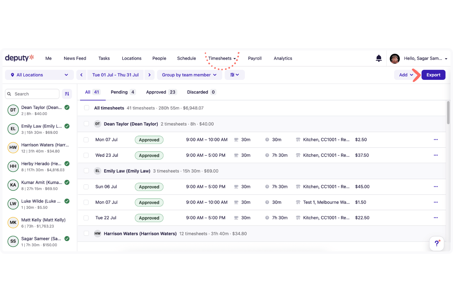Deputy timesheets dashboard showing employee hours, approval status, and pay totals for July.