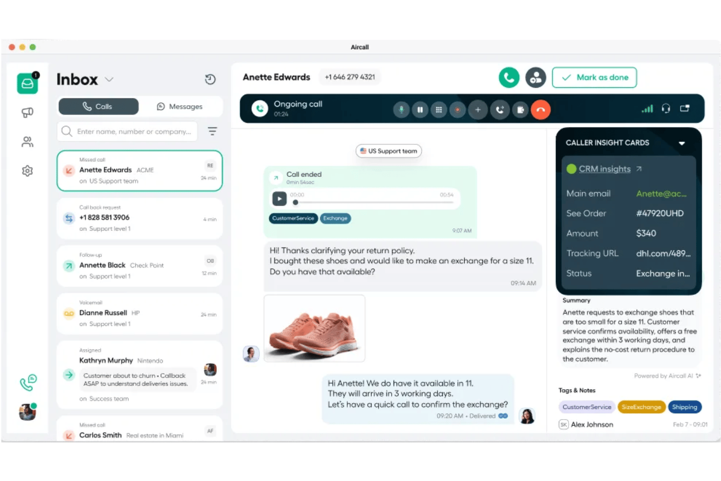 Aircall desktop app showing inbox, ongoing call, chat messages, and caller insight cards.