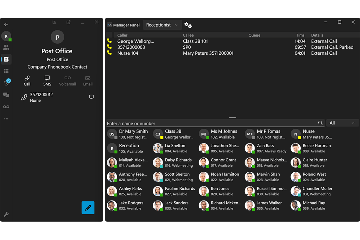 3CX desktop app showing Manager Panel with active calls list and contact grid with availability statuses.