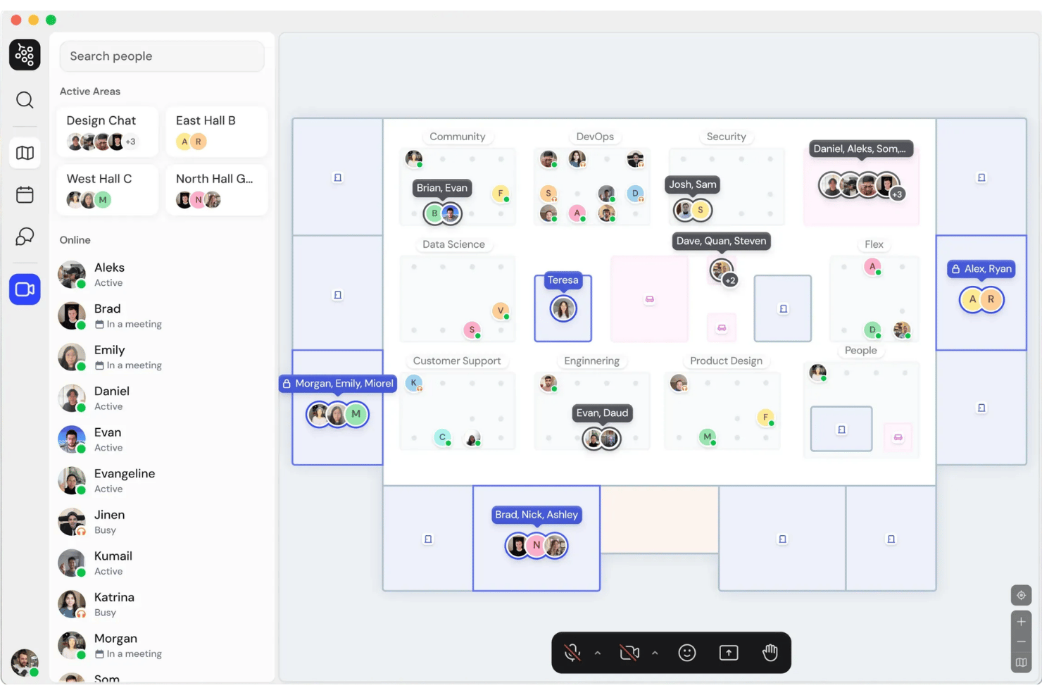 Virtual office map showing team members grouped by department with active status indicators.