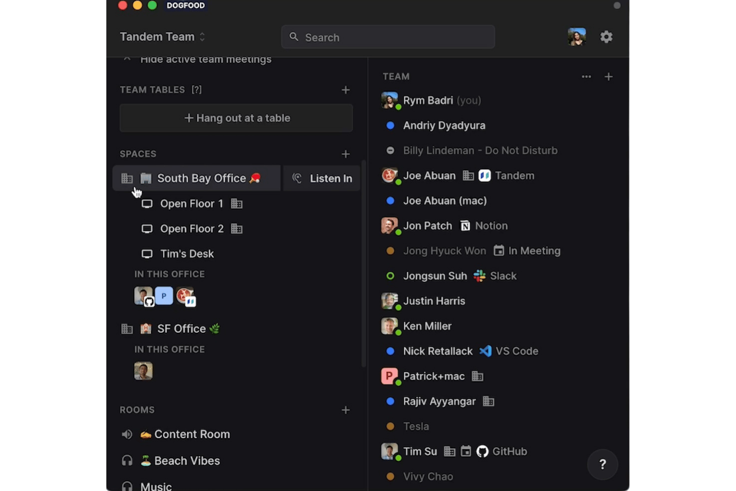 Tandem app showing team presence, virtual office spaces, and active applications.