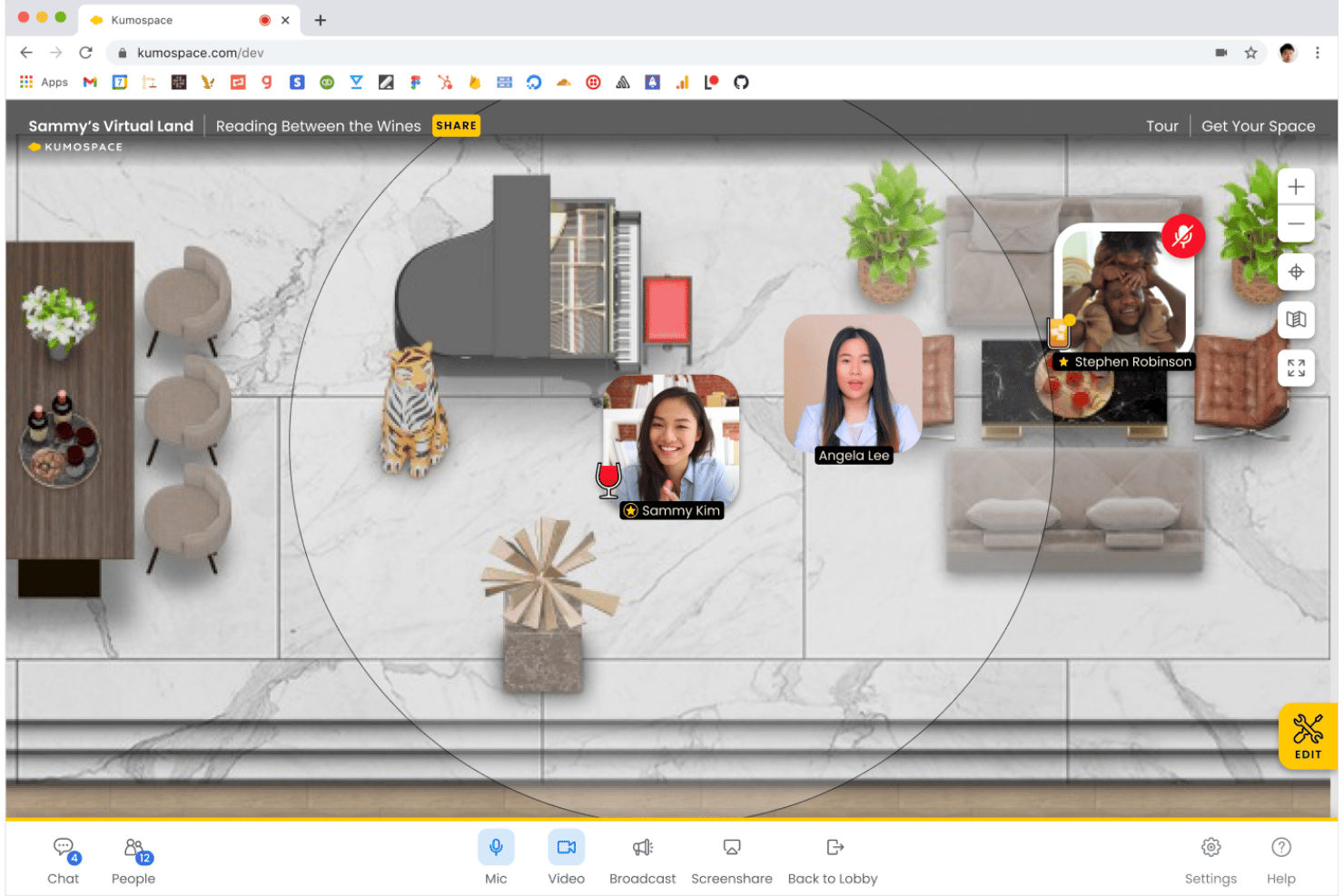Kumospace virtual room with three users on video in a marble-floored space.