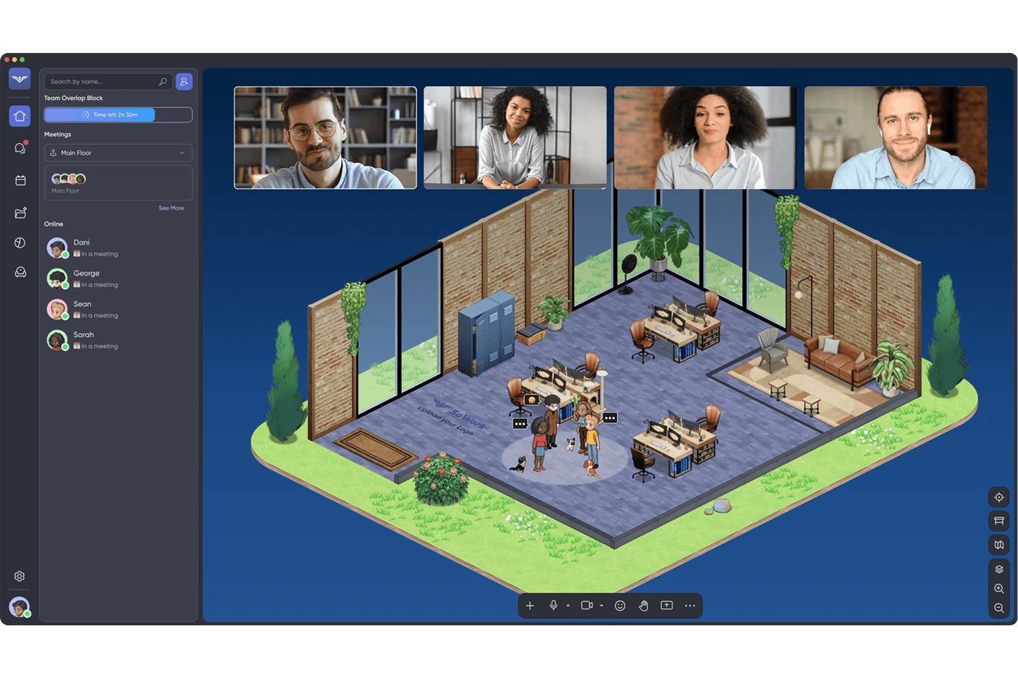 Virtual office app showing video call participants and animated workspace with avatars.