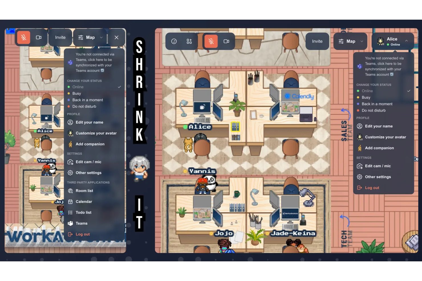 WorkAdventure virtual office with pixel avatars and open profile menu showing status options.