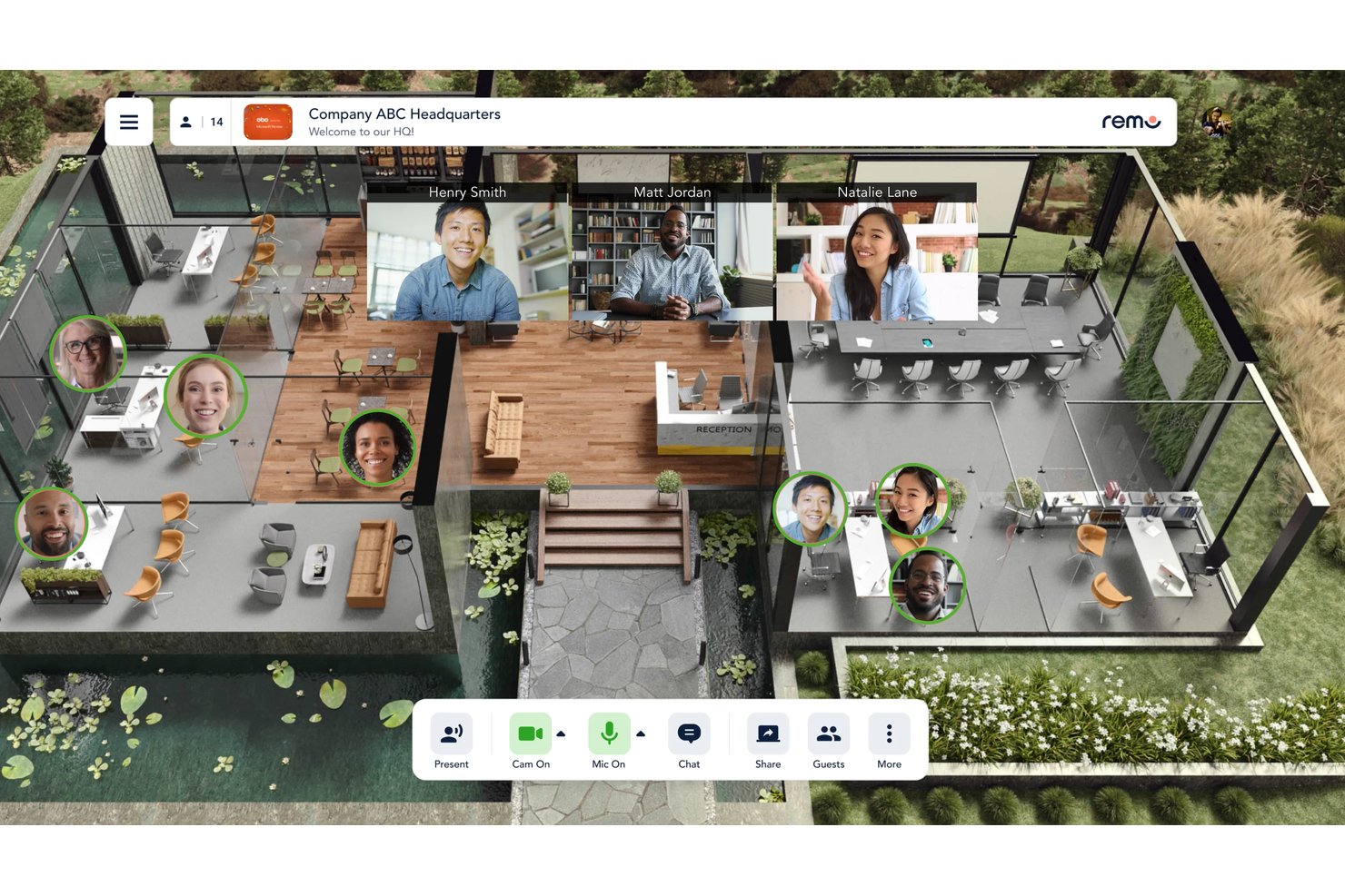 Virtual office platform showing video calls and avatar-based navigation in rooms.