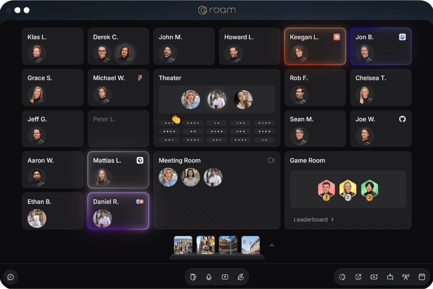 Roam virtual office dashboard showing user avatars, meeting rooms, theater, and game room.