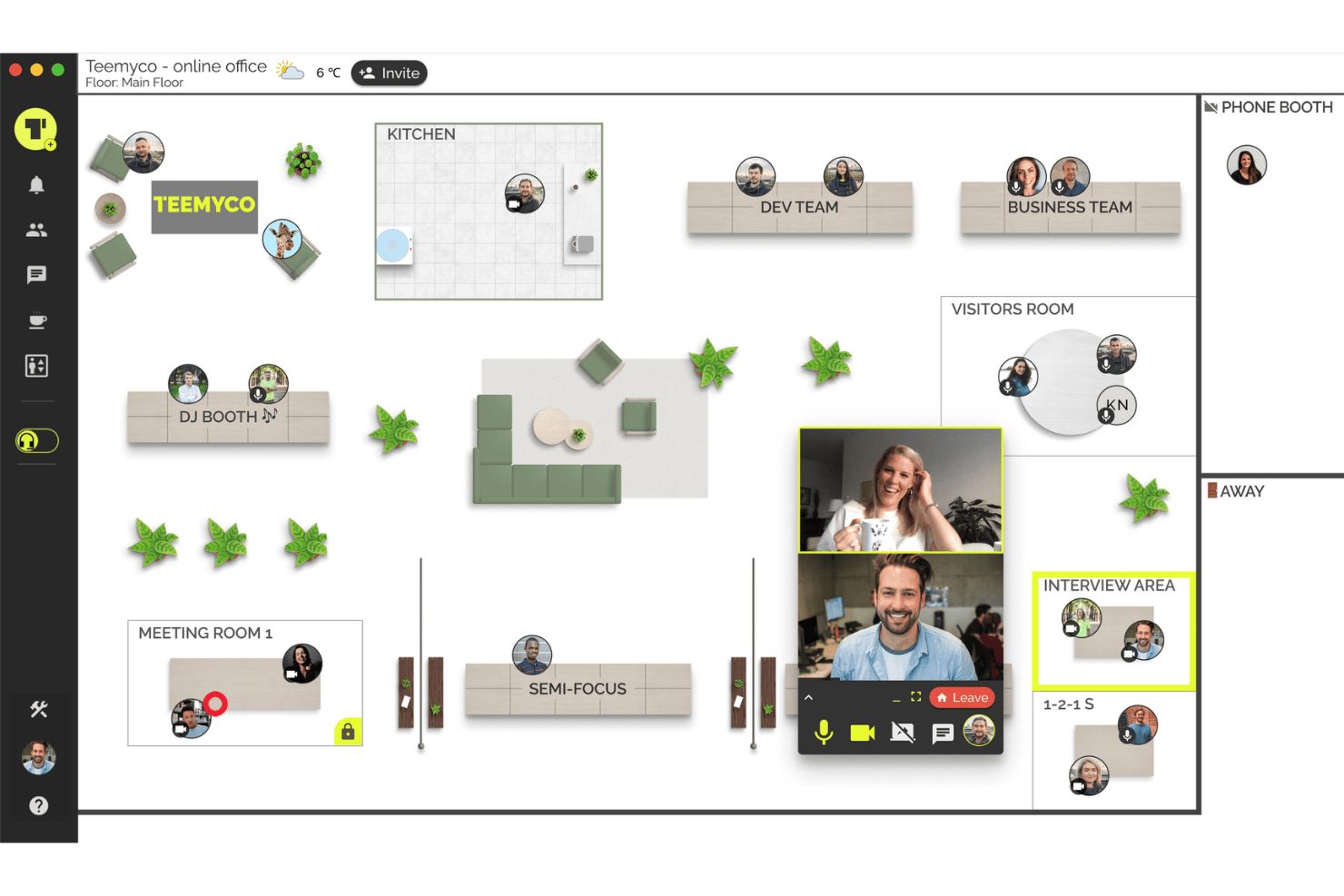 Teemyco virtual office map with rooms, video call, and team avatars.