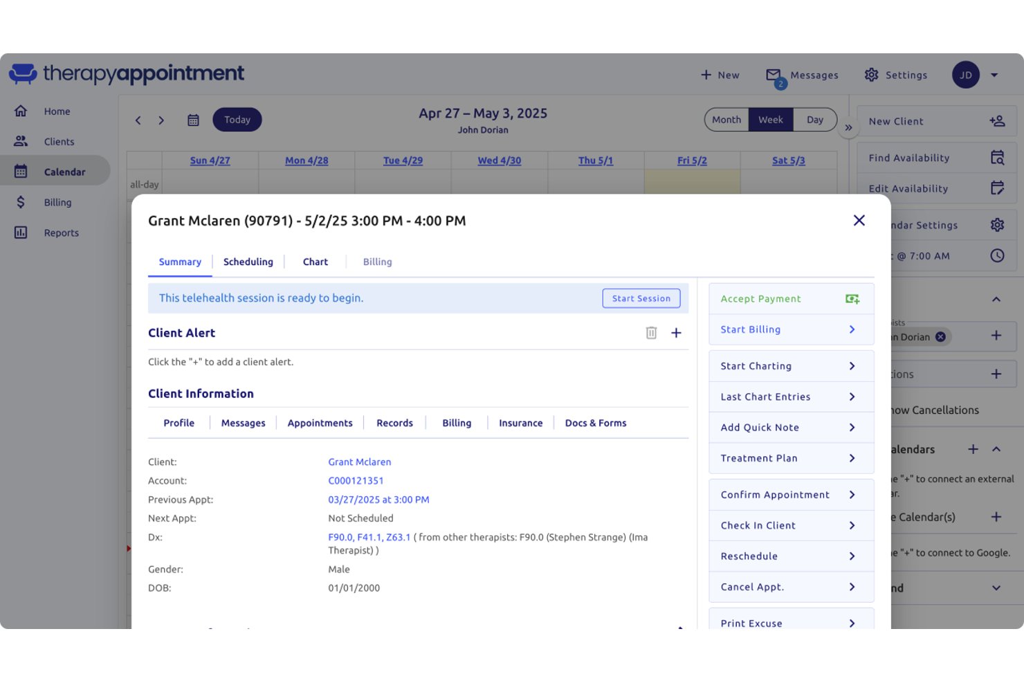 Ventana modal de cita del cliente de TherapyAppointment que muestra la sesión de telesalud, la información del cliente y las opciones de facturación.