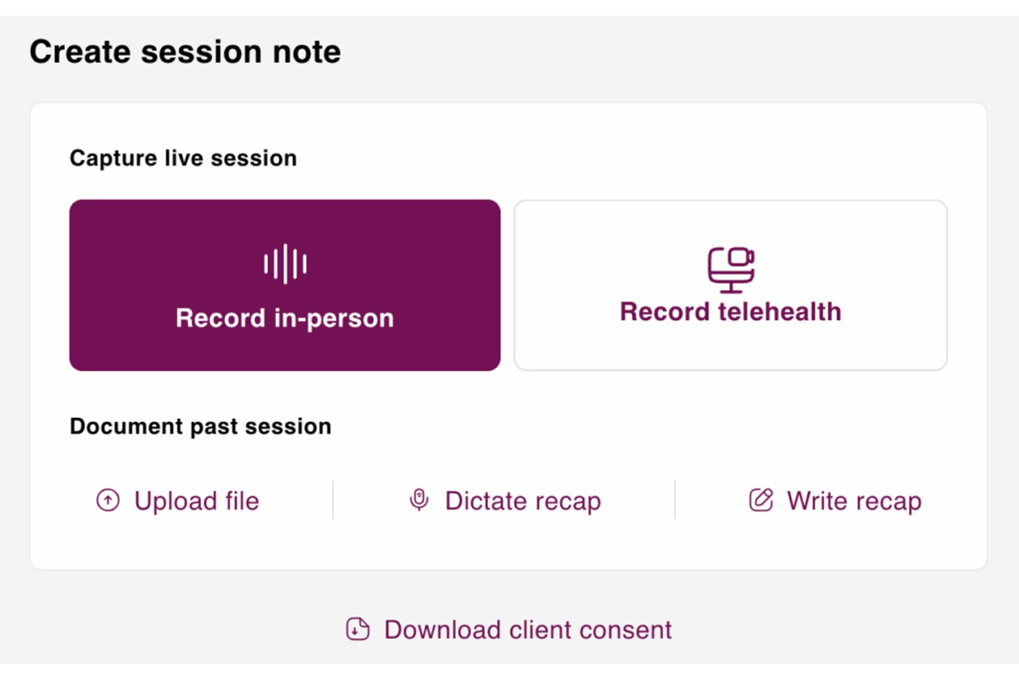 Pantalla Crear nota de sesión de Mentalyc con opciones de grabación presencial y de telesalud.