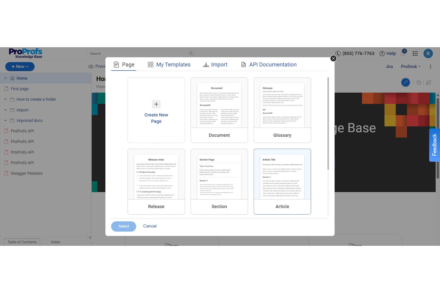 Finestra di dialogo per la creazione di una nuova pagina in ProProfs Knowledge Base con sei opzioni di modello, tra cui Articolo selezionato