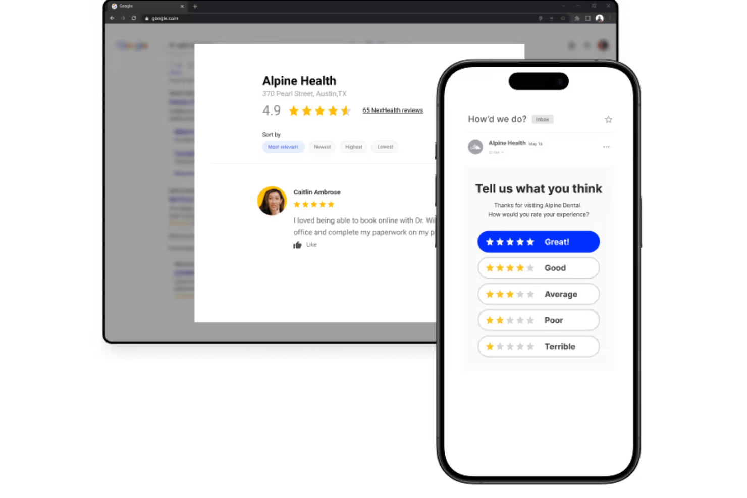 NexHealth automatiza las solicitudes de reseñas y dirige los comentarios de los pacientes después de las citas.