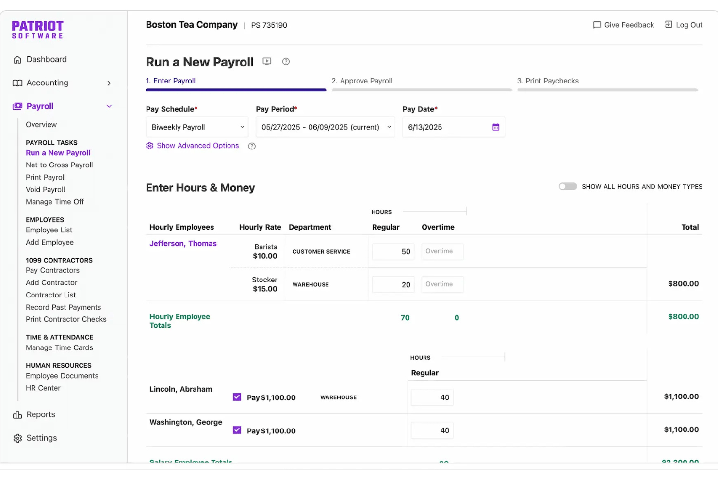 Patriot Software payroll entry screen showing employee hours, rates, and totals.