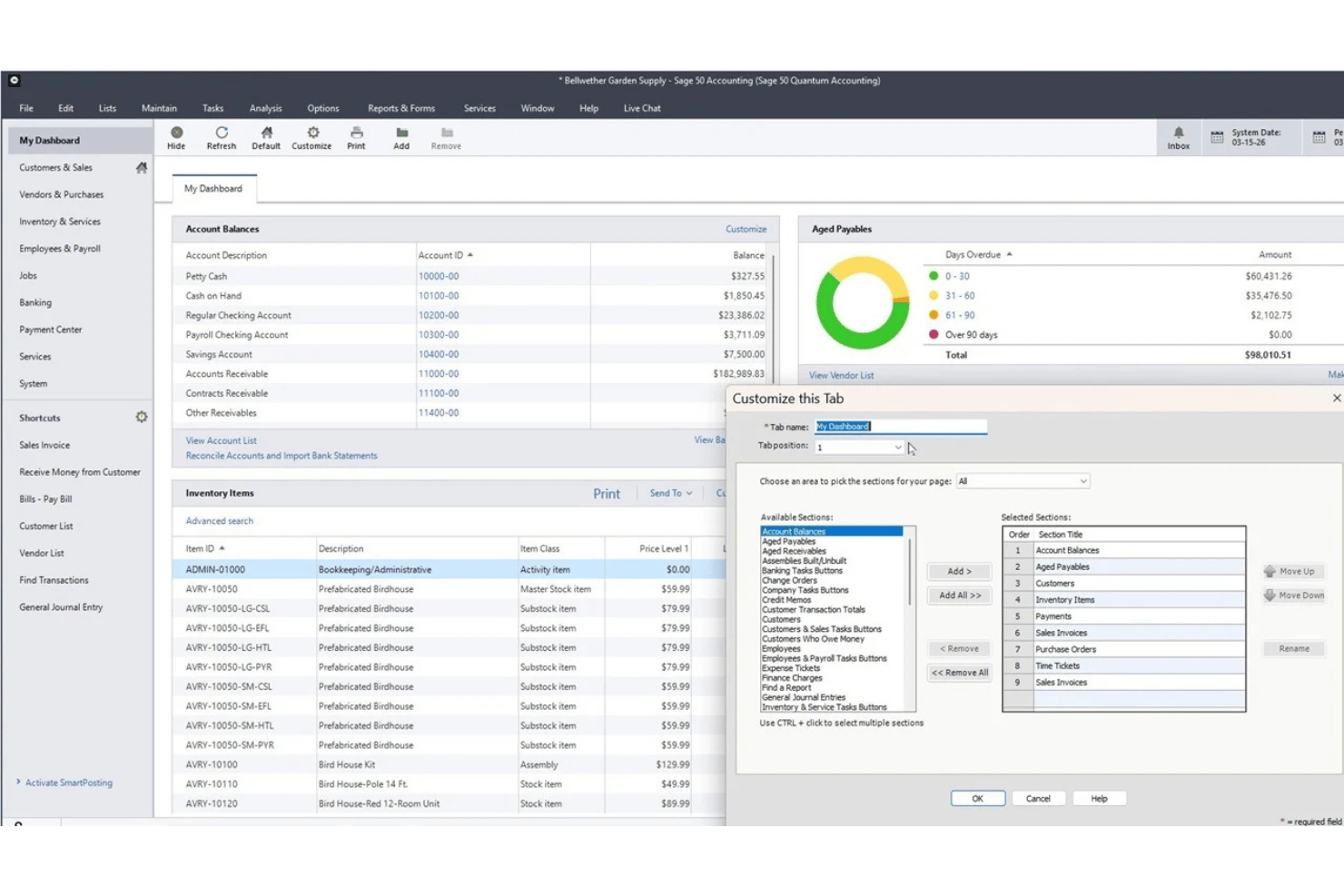 Sage 50 dashboard customization dialog with available and selected sections panel.