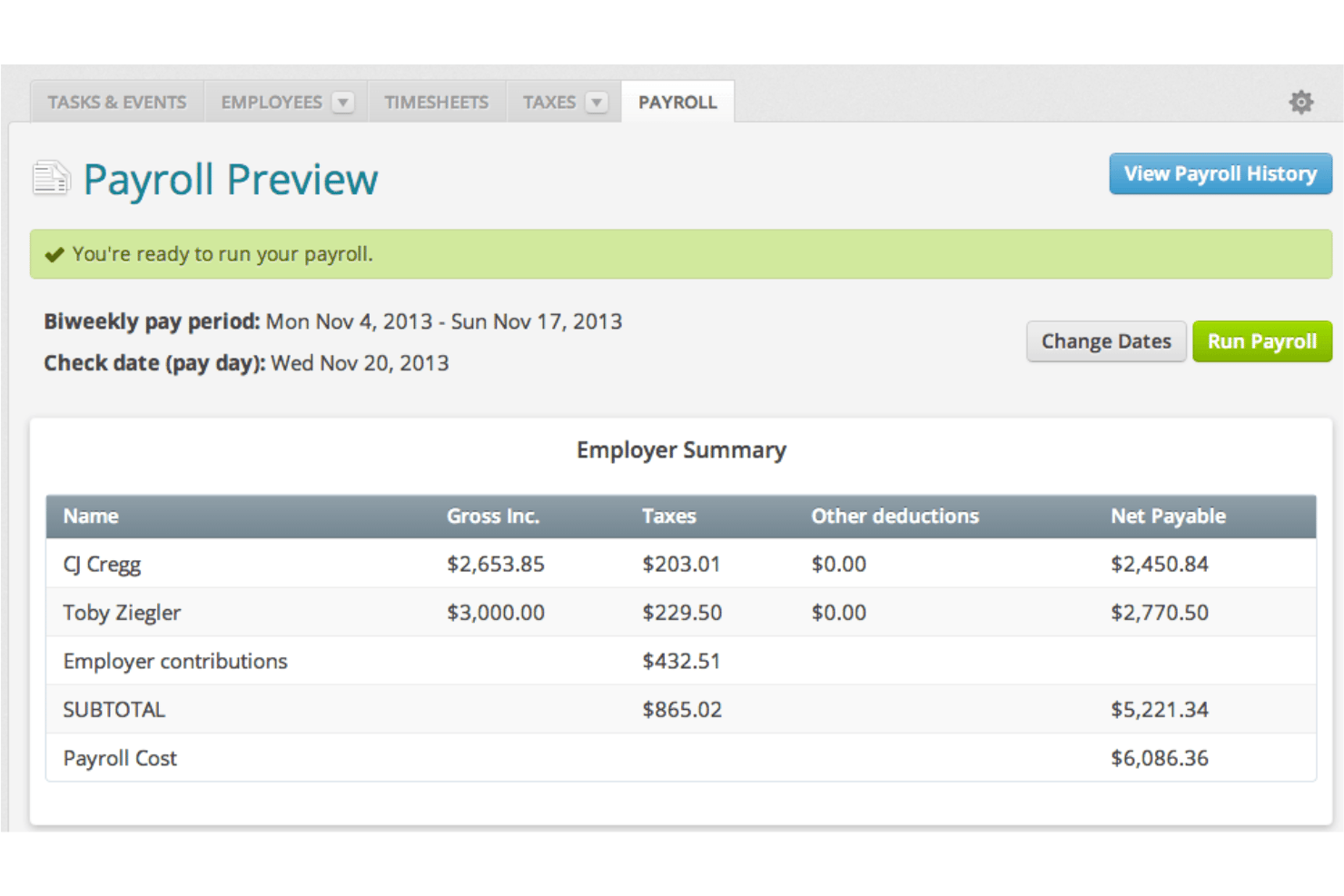 Wave payroll preview screen showing employer summary with gross income, taxes, and net payable amounts.
