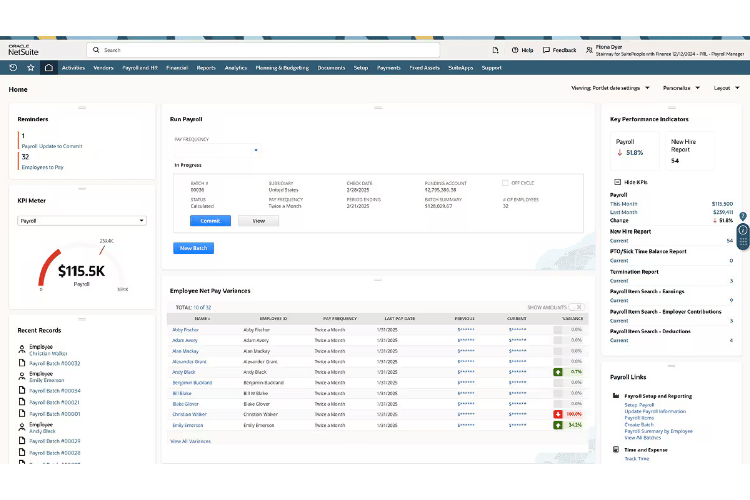NetSuite payroll dashboard showing batch status, KPIs, and employee net pay variances.